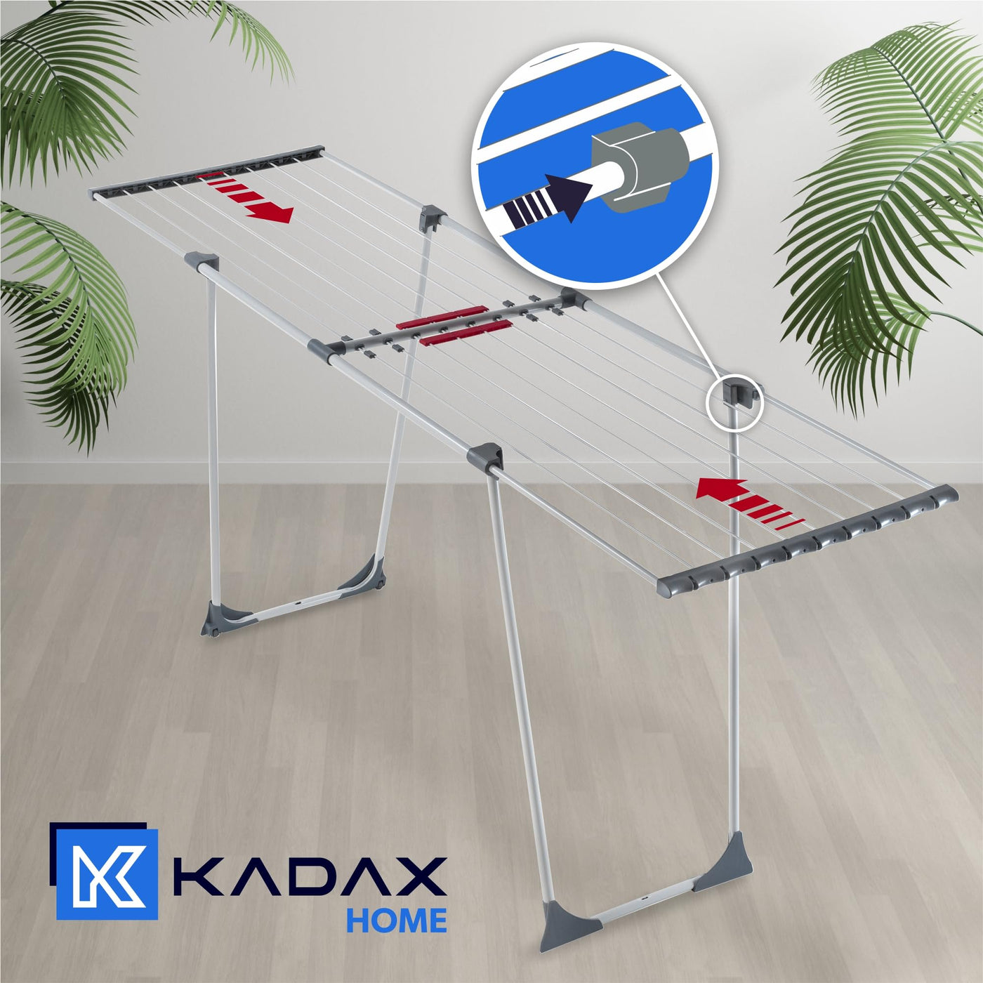 KADAX Teleskop Wäscheständer mit 20m Trockenleinenlänge, ausziehbarer Wäschetrockner für Bettwäsche, großer Flügelwäscheständer aus pulverbeschichteten Stahl (Grau)