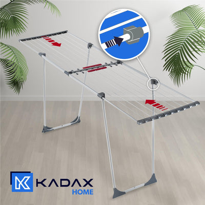 KADAX Teleskop Wäscheständer mit 20m Trockenleinenlänge, ausziehbarer Wäschetrockner für Bettwäsche, großer Flügelwäscheständer aus pulverbeschichteten Stahl (Grau)