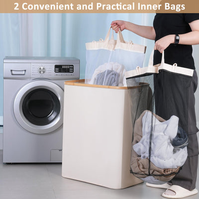 iEGrow Wäschekorb150L XL-Extra Groß 2 Fächer Wäschesammler mit Bambusgriff und Deckel, Laundry Baskets, Wäschekörbe für Waschküche, Schlafzimmer, Badezimmer (Beige)