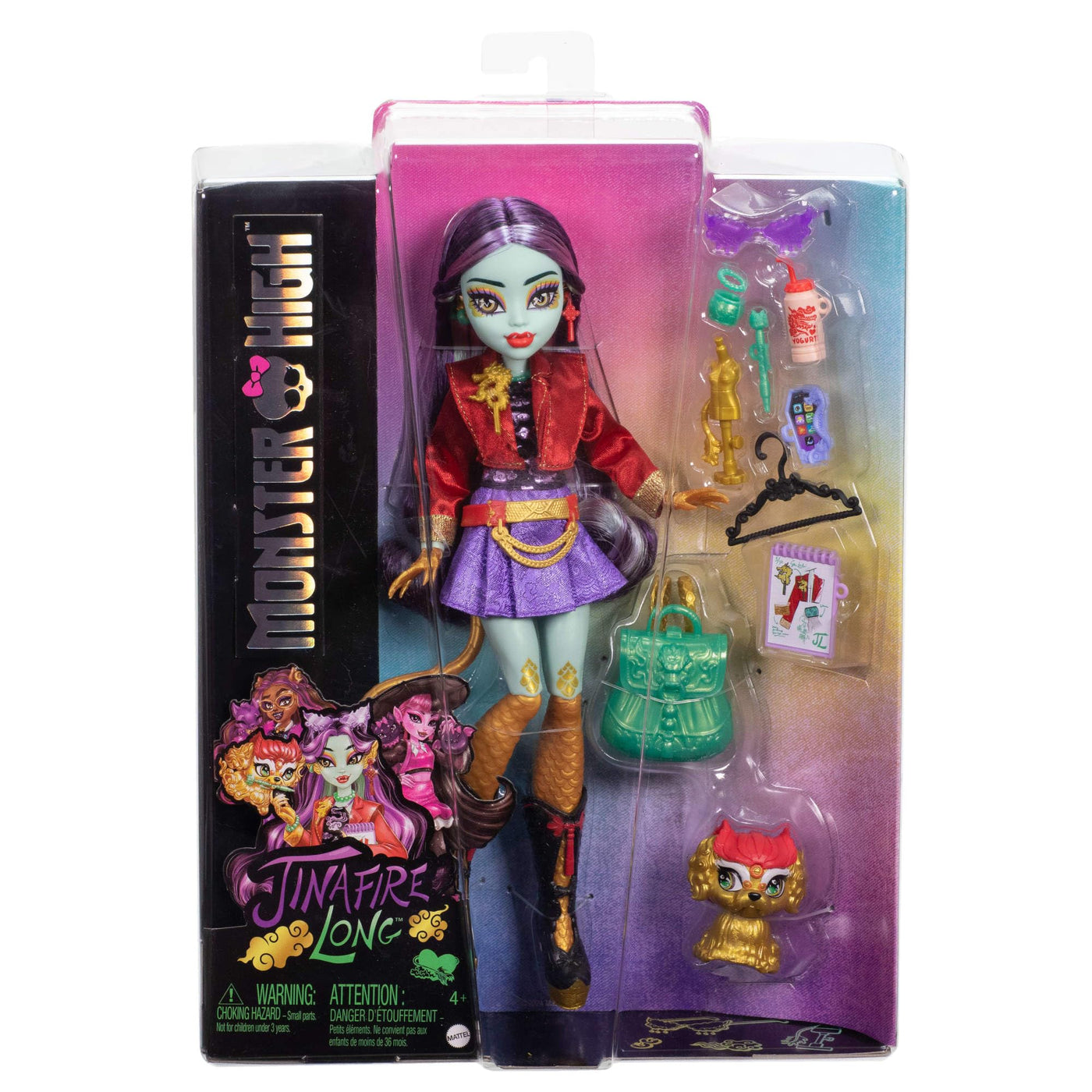 Monster High-Puppe Jinafire Long, Drachenmädchen mit Haustierhund Cloudy Yun Yun“ und 7 Accessoires wie einem Zeichen-Pad, einem Joghurt-Getränk, einem Rucksack und vielem mehr, HYV58