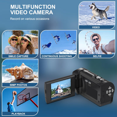 Delmodes Videokamera 2.7K 56MP Camcorder 16X Digitalzoom Vlogging Camera mit LED-Fülllicht für YouTube, 2.8" LCD Bildschirm Camcorder mit 32 GB SD-Karte, 2 Batterien