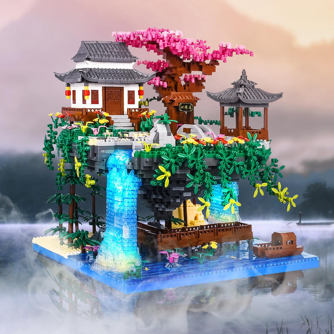 Charmofun 3320PCS Micro Bausteine, Klemmbausteine Haus mit LED, Botanical Garten-Set für Erwachsene mit Pfirsichblüten, Architecture Creative Geschenk Weihnachten für Frauen und Männer