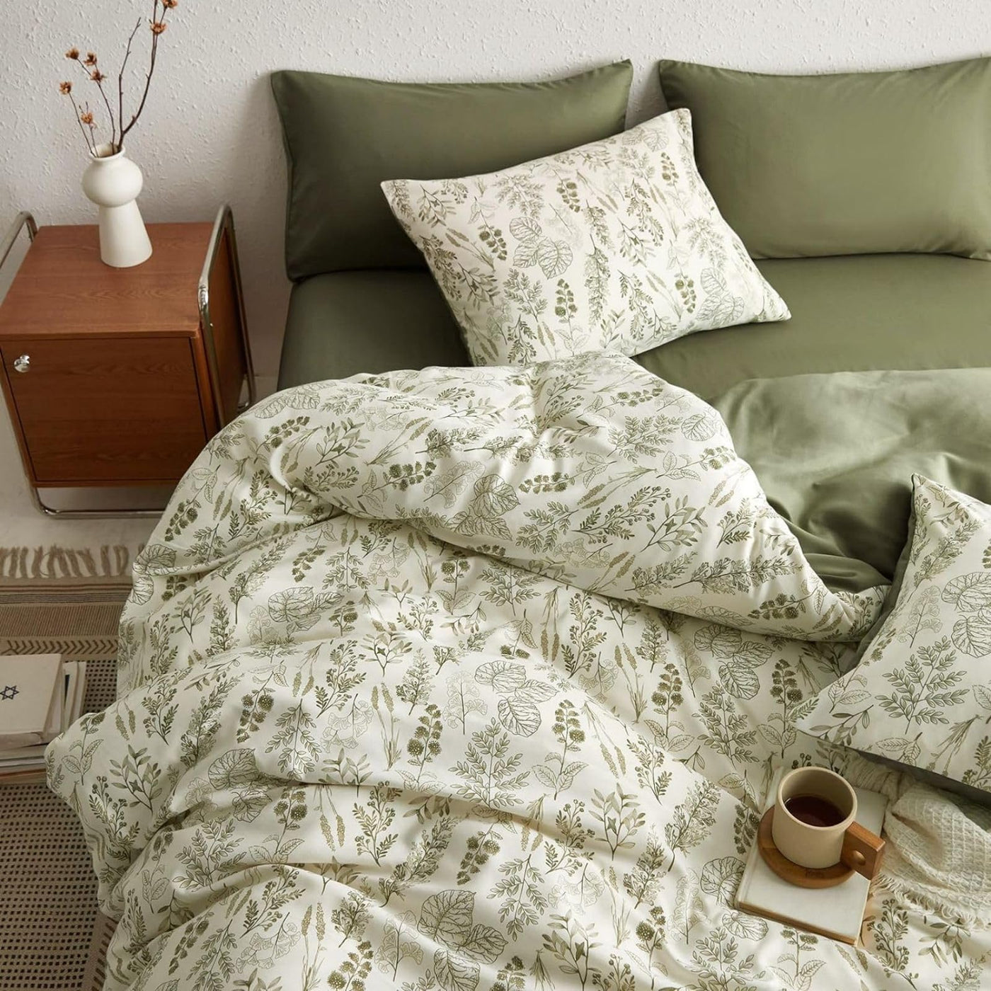 Tospass Blumen Bettwäsche 200x200 cm Olivgrün Weiß Blätter Pflanzen Muster Bettwäsche Set Floral Bettbezug Mikrofaser Wende Bettwäsche 1 Deckenbezug mit Reißverschluss 2 Kissenbezug 80x80 cm