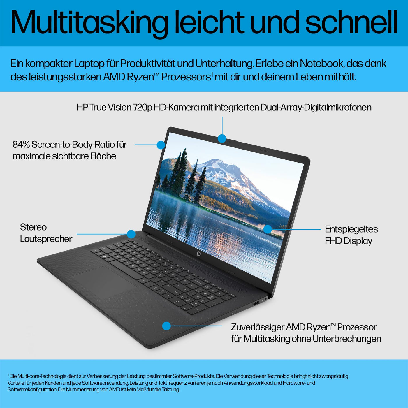 HP Laptop mit 17,3" FHD Display, AMD Ryzen 3 7320U, 8 GB DDR5 RAM, 512 GB SSD, AMD Radeon-Grafik, Windows 11, QWERTZ, Schwarz inkl. 25 GB Dropbox-Speicher für 12 Monate