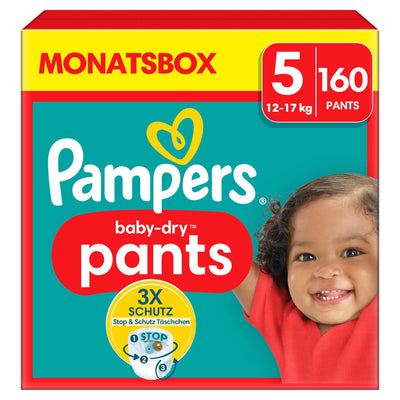 Pampers Windeln Pants Größe 5 Baby-Dry, 160 Windeln, 12kg-17kg, 360° Fit hilft, Auslaufen zu verhindern