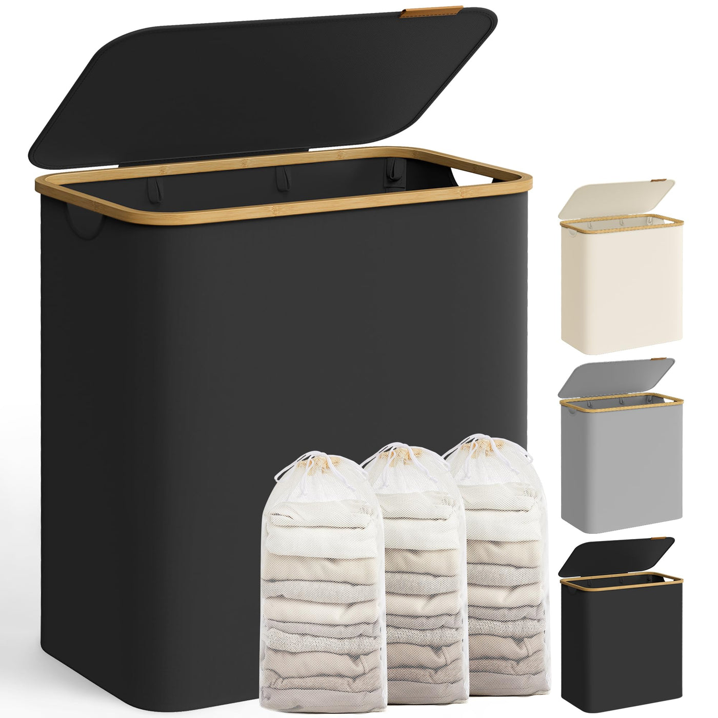 SONGMICS Pfandflaschen Sammelbehälter，Wäschekorb mit Deckel, Wäschesammler mit 3 Fächern, 150 L, herausnehmbarer Wäschesack, Griffe aus Bambus, 60 x 38,5 x 70,5 cm, tintenschwarz LCB515B01