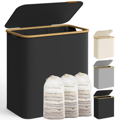 SONGMICS Pfandflaschen Sammelbehälter，Wäschekorb mit Deckel, Wäschesammler mit 3 Fächern, 150 L, herausnehmbarer Wäschesack, Griffe aus Bambus, 60 x 38,5 x 70,5 cm, tintenschwarz LCB515B01