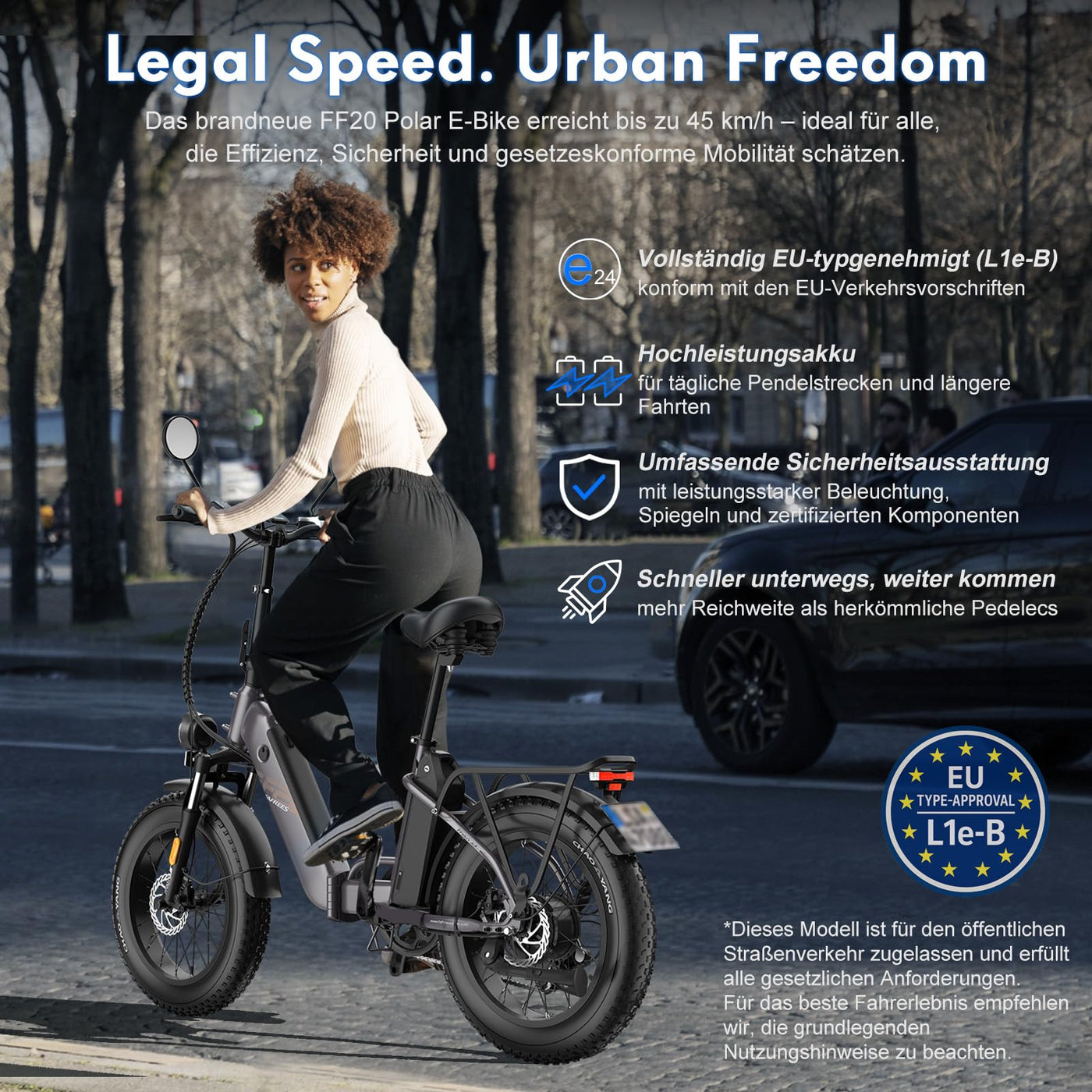 Fafrees FF20 Polar E-Bike Klapprad 20 * 4.0 Zoll, 500W 45km/h ebike Herren Doppelbatterien 24Ah/26.8Ah, Fatbike Damen Reichweite 150km/170km, E-Fahrrad Lagergewicht 150KG (24Ah Batterie, Schwarz)
