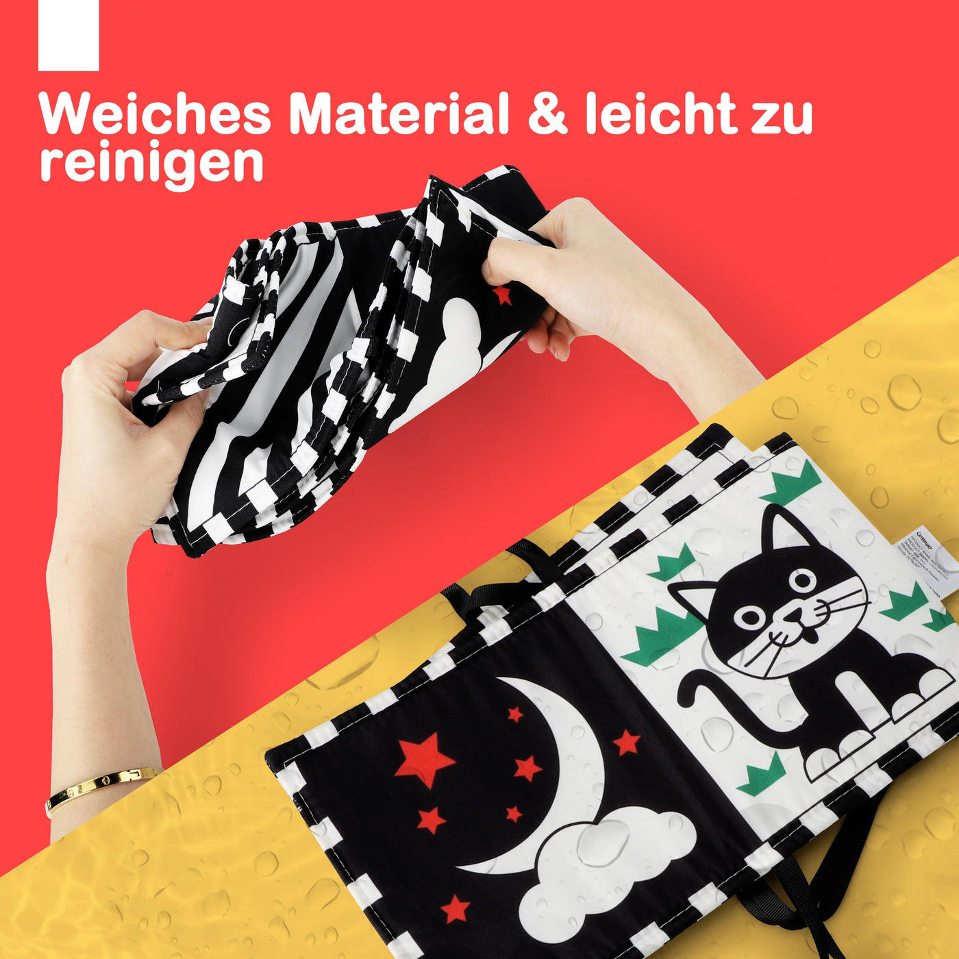 URMYWO Kontrastbuch Baby, Schwarz Weiß Doppelseitig Baby Stoffbuch, Soft Bilderbuch aus Stoff mit Spiegeln, Kinderwagen Kontrast Spielzeug Baby 0 3 6 Monate Geschenk für Babys
