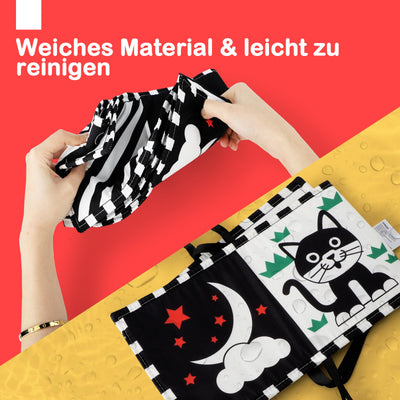 URMYWO Kontrastbuch Baby, Schwarz Weiß Doppelseitig Baby Stoffbuch, Soft Bilderbuch aus Stoff mit Spiegeln, Kinderwagen Kontrast Spielzeug Baby 0 3 6 Monate Geschenk für Babys