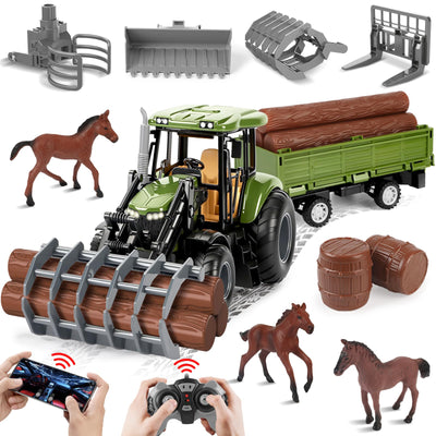 Herenear Ferngesteuerter Traktor für Kinder, Großes RC Traktors Spielzeug- Mit Bluetooth, 2.4 GHz Fernbedienung, Traktor Ferngesteuert mit Anhänger, Bauernhof Fahrzeug Spielzeug Kinder ab 3 4 5 6 7