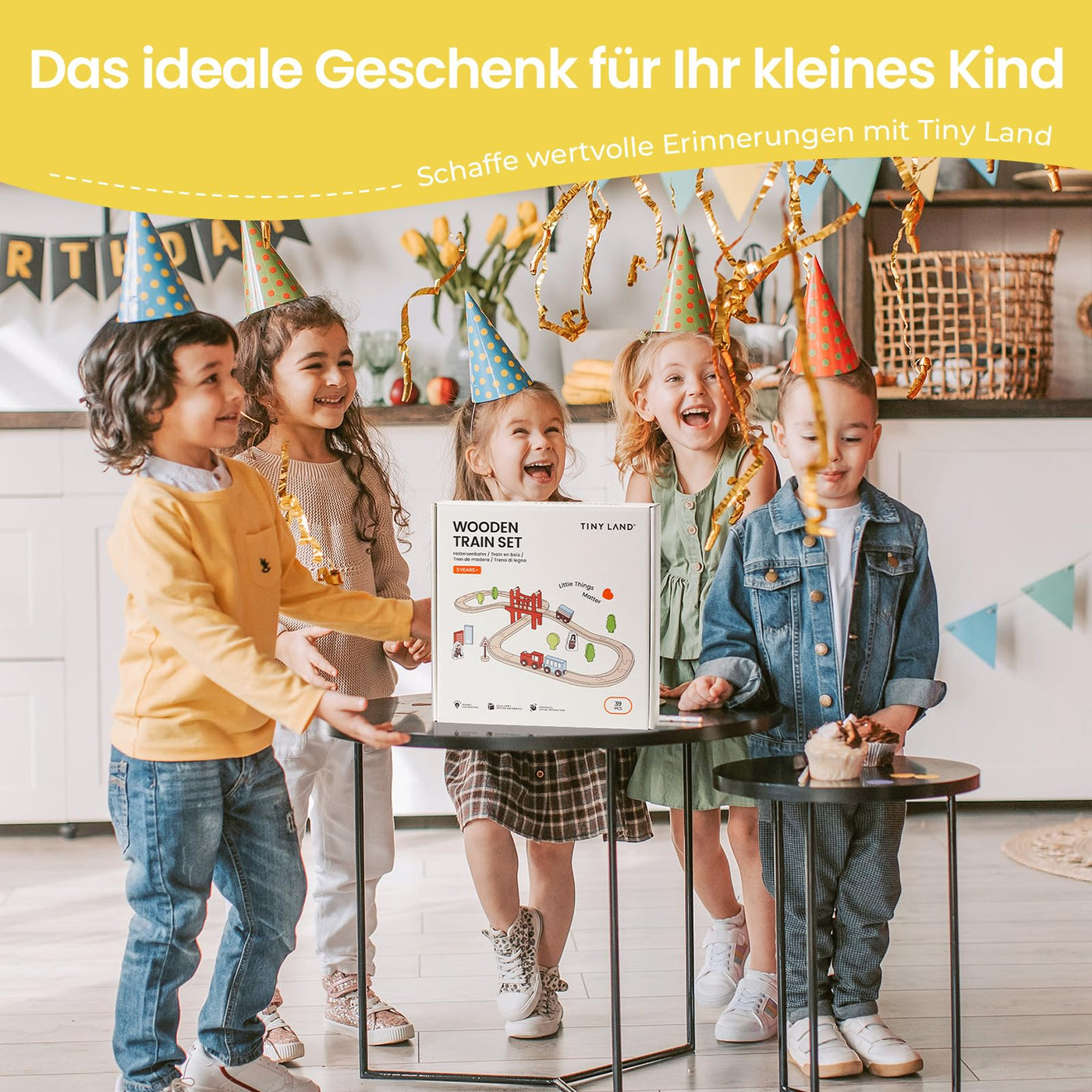 Tiny Land 39 Pcs Holzeisenbahn und Züge Pack Eisenbahn Anfängerset Kompatibel mit Thomas Passend für Eichhorn Zugset Kleinkinderspielzeug empfohlen ab 3 Jahren