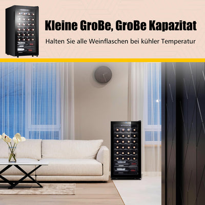 Kalamera Weinkühlschrank, 28 Flaschen 86 Liter, Touch-Bedienfeld, Schwarze Glastür, Verdeckter Griff, 5-18°C Kühlzone, Herausnehmbare Eisenböden, KRC-86FCSS-B