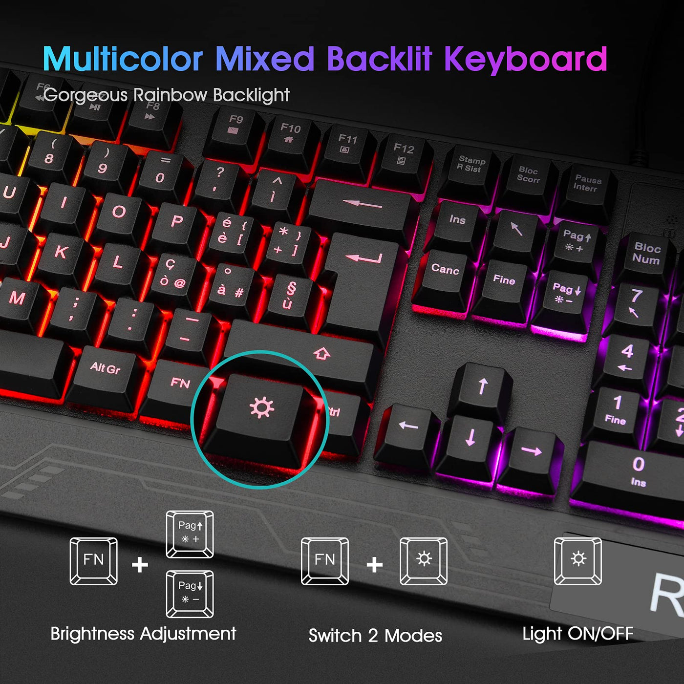 Rii Gaming RK400+ (italienisches Layout) - Set aus Tastatur und Maus, LED-Hintergrundbeleuchtung 7 Farben (Regenbogen), Anti-Ghosting, Empfindlichkeit einstellbar bis zu 3.200 dpi