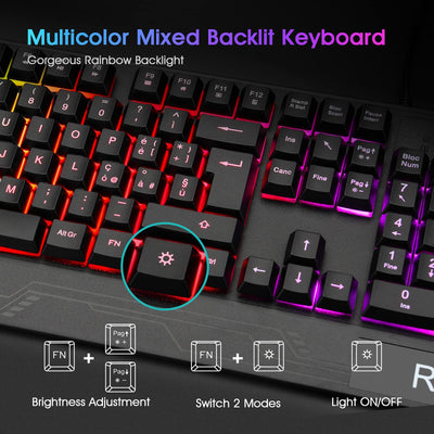 Rii Gaming RK400+ (italienisches Layout) - Set aus Tastatur und Maus, LED-Hintergrundbeleuchtung 7 Farben (Regenbogen), Anti-Ghosting, Empfindlichkeit einstellbar bis zu 3.200 dpi