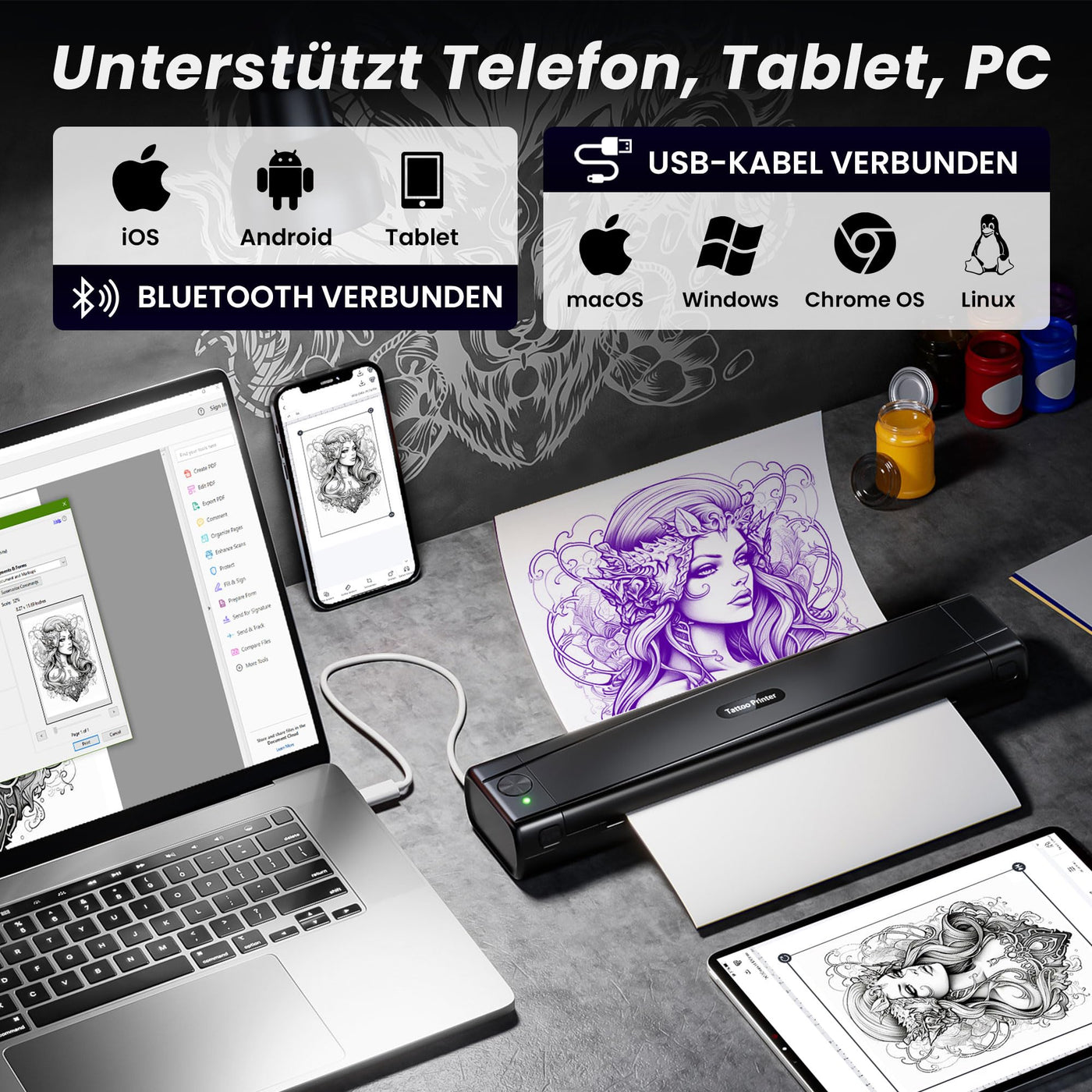 TATTMUSE Tattoo Drucker Bluetooth, Schablone Nadeldrucker mit 10 Stück Papier, Tattoo Transfer mit Smartphone PC, Stencil Drucker für Tattoo Künstler und Anfänger