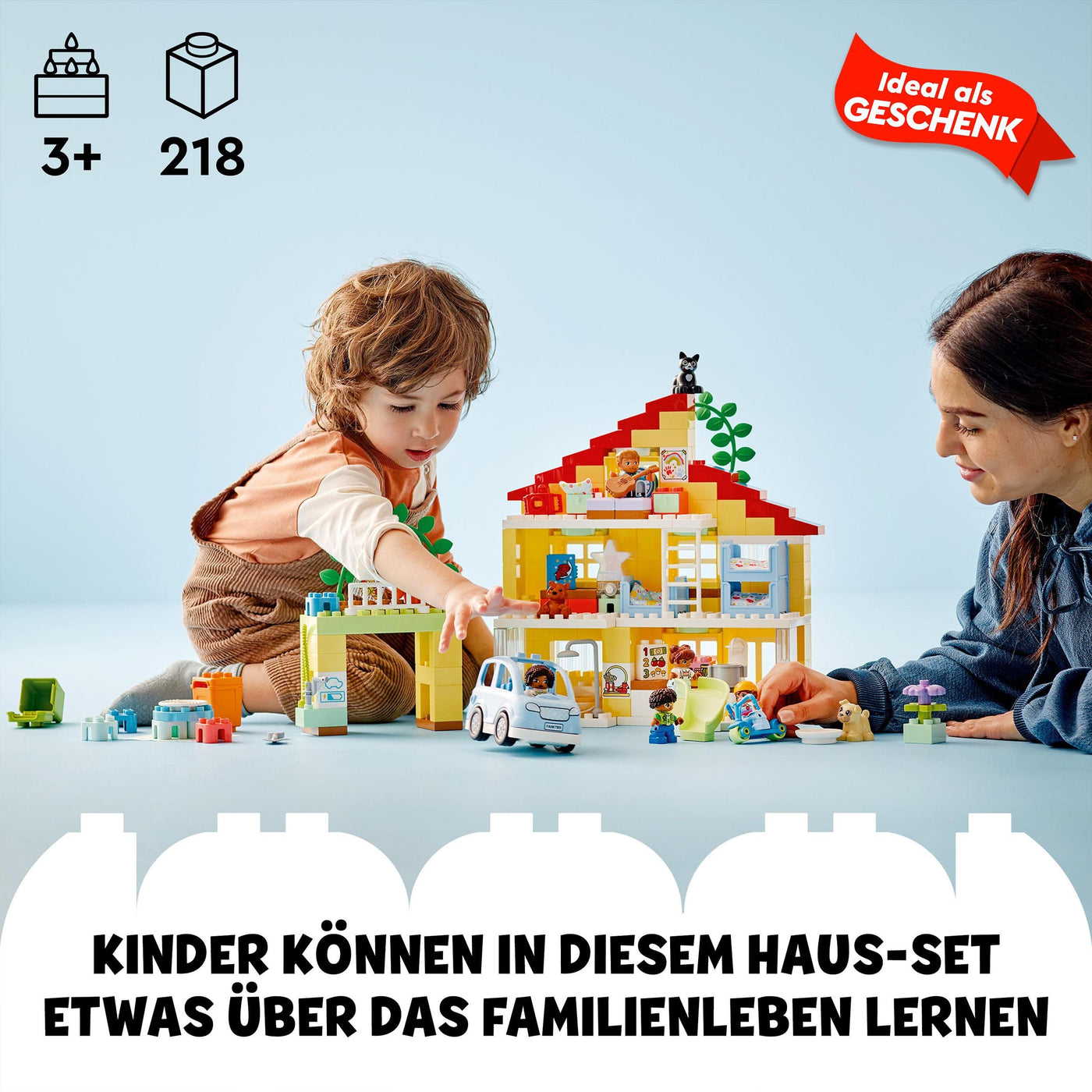 LEGO 10994 DUPLO 3-in-1-Familienhaus, Puppenhaus aus Bausteinen mit Push&Go Auto, 5 Figuren, 2 Tieren und Spielzeug-Lampe, Spielhaus Geschenk für Kleinkinder, Mädchen und Jungen ab 3 Jahren