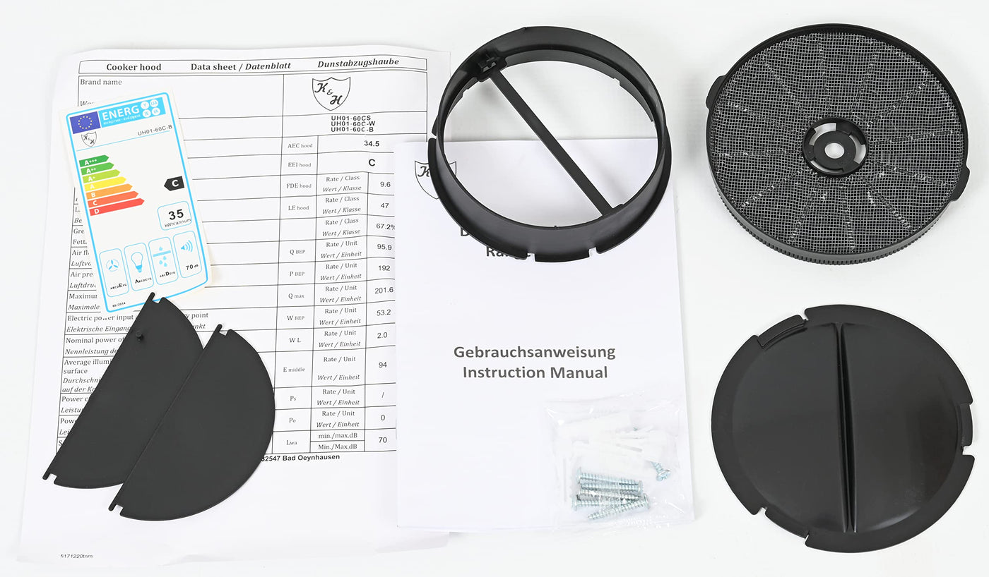 K&H Dunstabzugshaube 60cm, Unterbauhaube, LED, 200 m³/h, Energieklasse C, Metall-Fettfilter, UH01-60C-B (Schwarz)