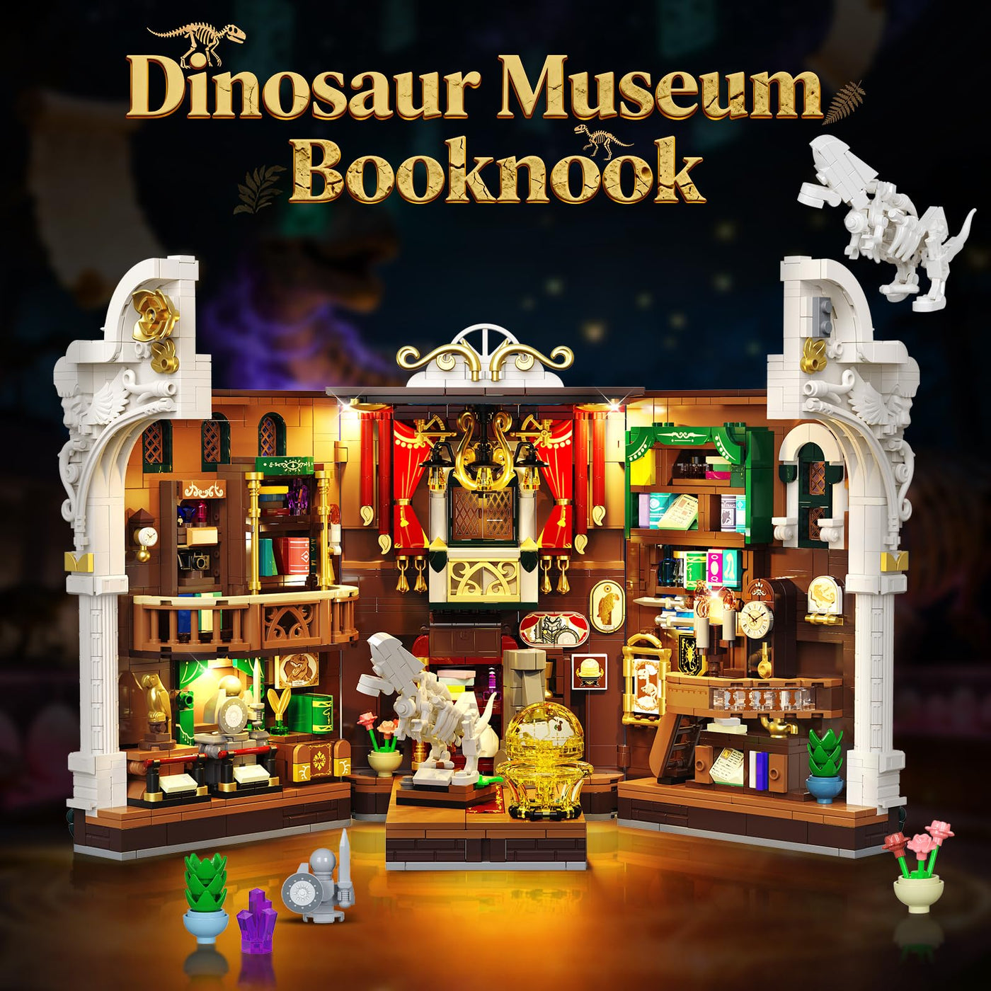 INSOON Dinosauriermuseum Book Nook Bauspielzeugset mit Licht, DIY Booknook Klemmbausteine Baustein Set Haus Dekor, 1500 Stück Miniatur Haus Bauset Geschenk für Erwachsene Kinder Mädchen Jungen 12+