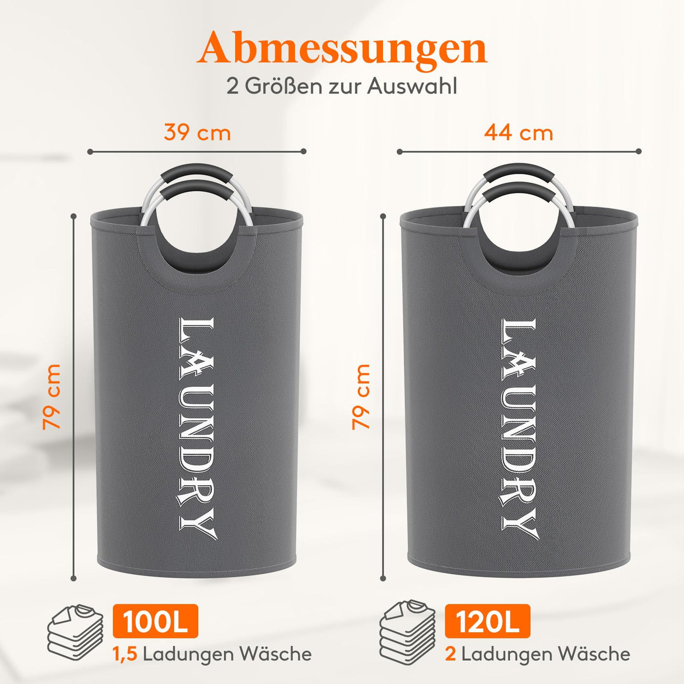 Lifewit 2 Set Faltbarer Wäschekorb 100L, Tragbarer Wäschesammler mit Aluminiumgriff Oxford Stoff Wäschesack Aufbewahrung für Kleidung/Badetuch/Bettbezug Schlafzimmer Badezimmer Waschraum, Grau