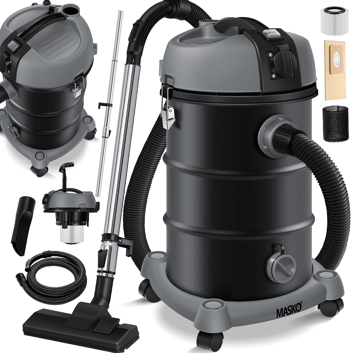 MASKO® Industriestaubsauger Staubsauger Nass Trocken Sauger Edelstahl 2300W + Steckdose | Blasfunktion | Trocken-Saugen & Nass-Saugen | Push&Clean | Industrie-Sauger mit & ohne Beutel | beutellos