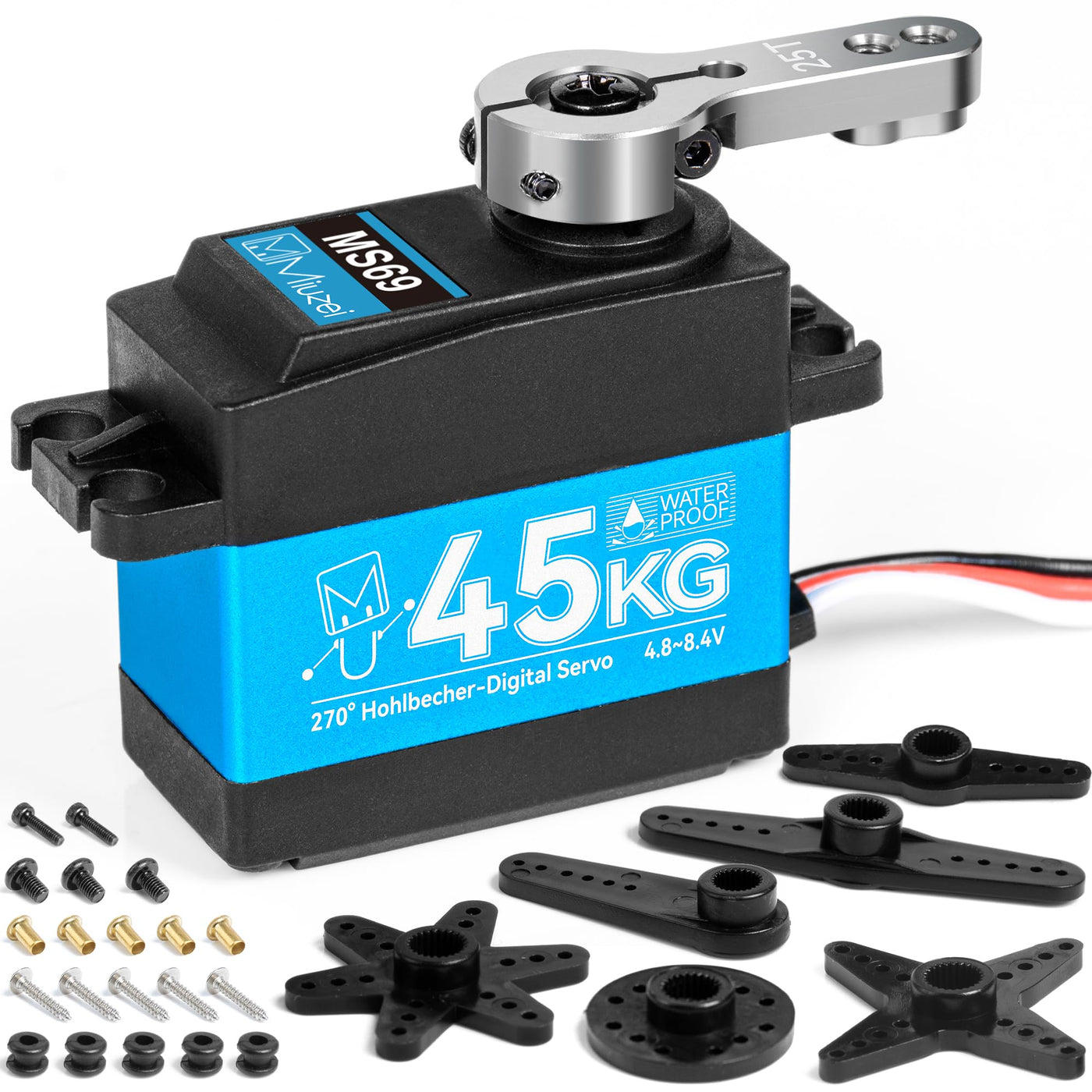 Miuzei RC Servo 45KG 270° Digital Servomotor High Torque Motor Metall Getriebe für 1/10 1/8 Auto Car Boot Roboter Arm Flugzeug Wasserdicht 4.8-6.0-8.4V Standart Servo mit 50cm Cable 25T Horn