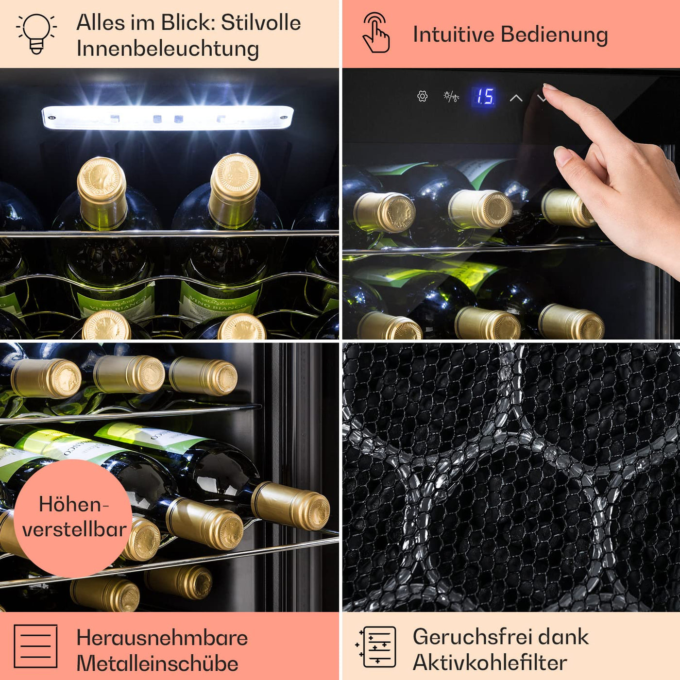Klarstein Weinkühlschrank, 1 Zonen Getränkekühlschrank Klein, Kleiner Weinschrank 42L, Wein-Kühlschrank Klein mit Glastür, Indoor/Outdoor Flaschenkühlschrank, Wine Fridge 5-18°C, 16 Flaschen