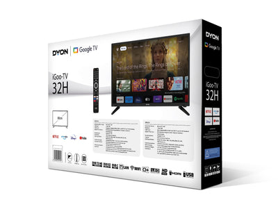 DYON iGoo-TV 32H 80cm (32 Zoll) Google TV (HD Triple Tuner, Prime Video, Netflix, Google Play Store für DAZN, Disney+, Apple TV+, Paramount+, waipu.tv UVM., Google Assistant) [Mod. 2023]