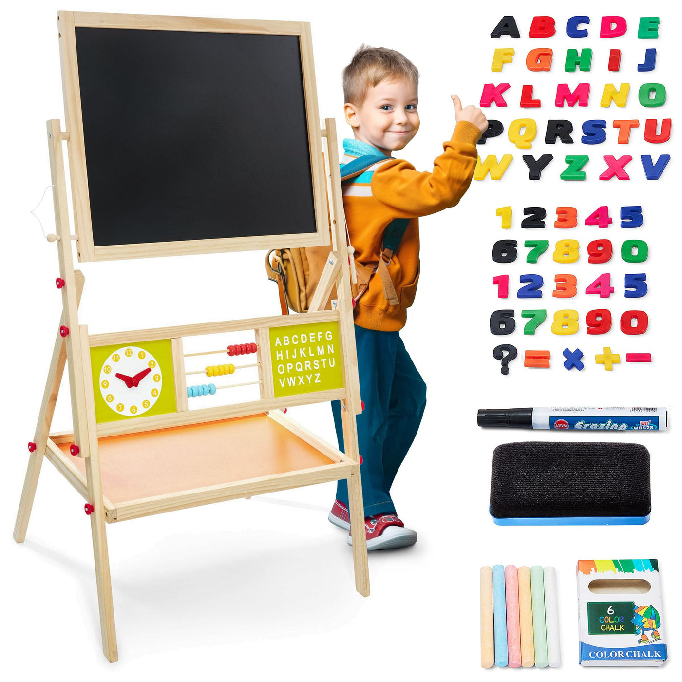 Mamabrum, Spieltafel aus Holz, doppelseitige Kindertafel Magnetisch und Kreide Kindertafel, Doppelseitiges, Zeichenbrett Kinder Tafel, Spieltafel mit Aufbewahrungsregal und Zubehör