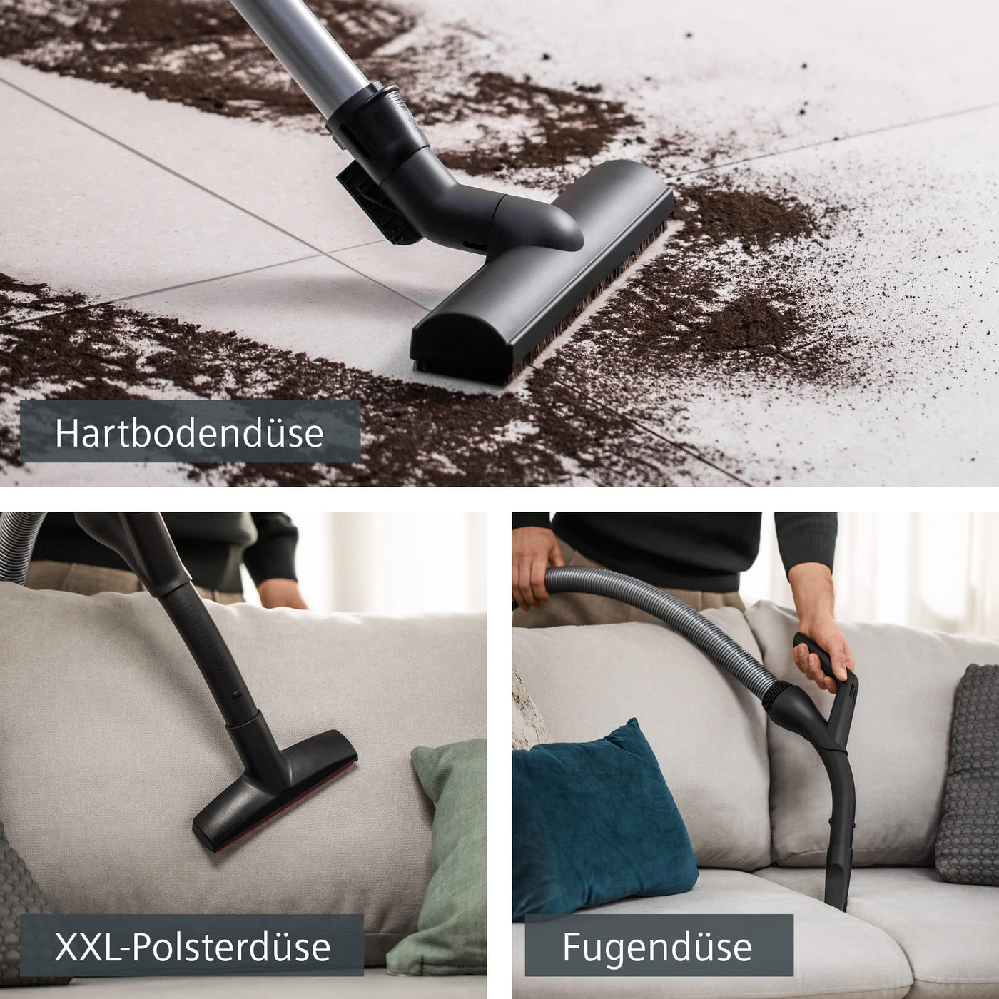 Siemens Staubsauger mit Beutel Z 7.0 VSZ7442S, ideal für Allergiker, Hygiene-Filter Plus, extrem leise, Bodendüse für Parkett, Teppich, Fliesen, langes Kabel, XXL-Polsterdüse, Fugendüse, 650 W, weiß