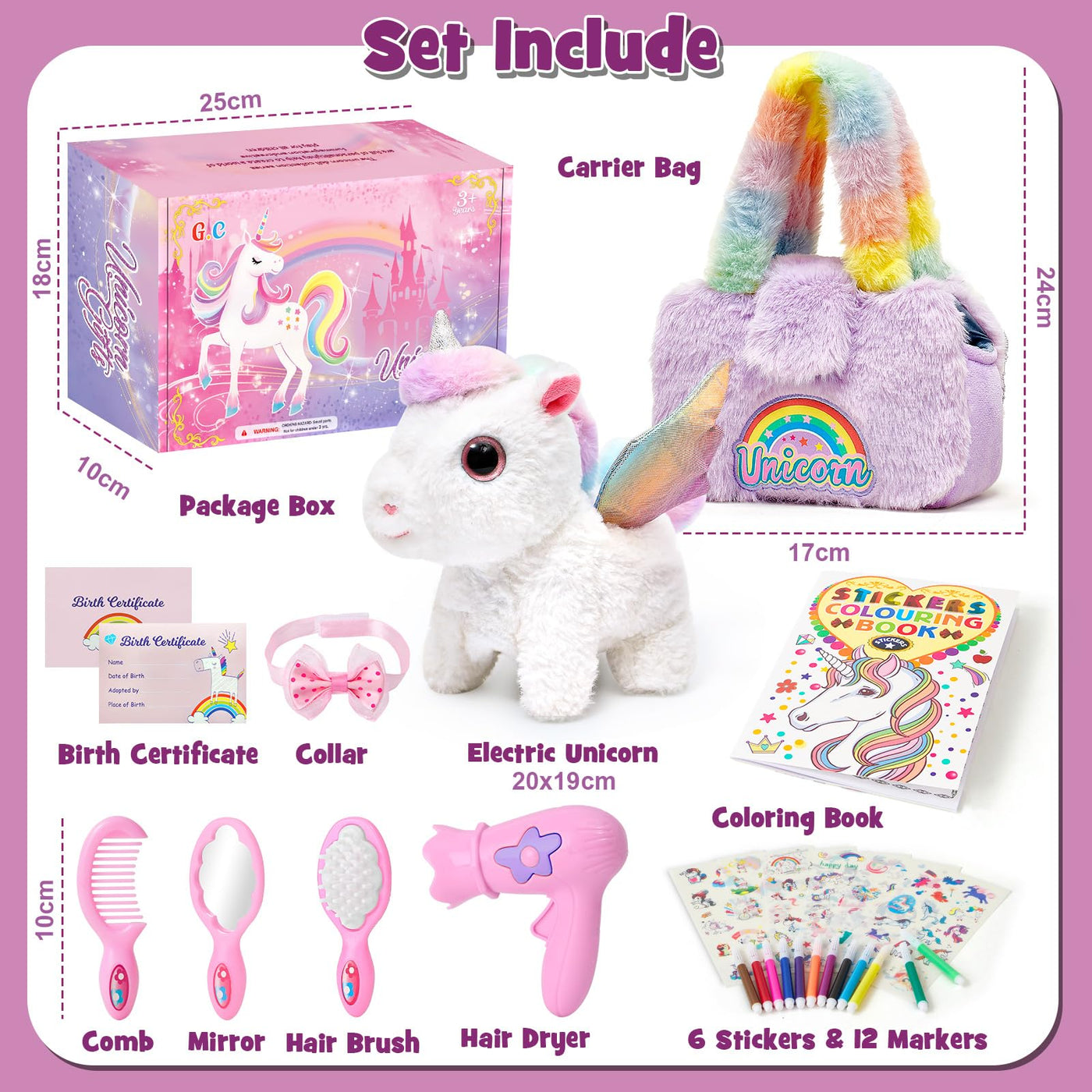 G.C Einhorn Geschenke für Mädchen 3 4 5 6 7 8 Jahre mit Elektrisch Einhorn Kuscheltier Spielzeug der Läuft und Bellt, Plüsch Tasche, Pflege Zubehöre, Interaktiv Unicorn Spielzeug Mädchen Geschenk