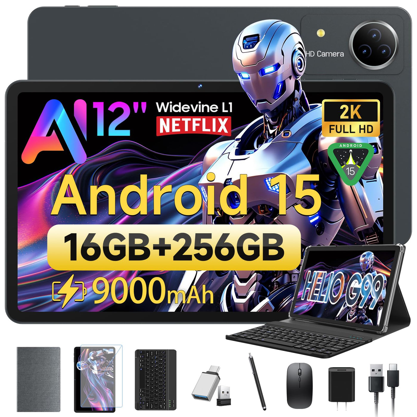 FEONAL Android 15 Tablet 12 Zoll 2K Display Helio G99 Gaming Tablet mit Tastatur/Stift/Maus, Gemini AI, 16(8+8) GB RAM+256GB ROM (2TB TF), 5G WiFi Tablets-PC, 21MP/9000mAh/Widevine L1/GPS/BT5 - Grau