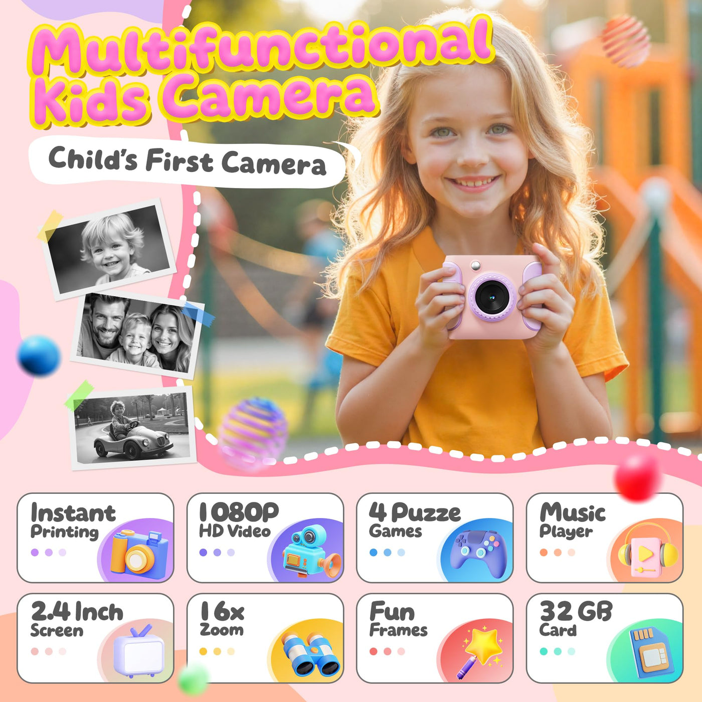 CalineGam Kinderkamera Sofortbildkamera, 1080P HD Sofortbildkamera Kinder mit 32GB Karte, 2,4 Zoll Digitalkamera Kinder, Kinderspielzeug Geschenke für Jungen und Mädchen 3-12 Jahre (Rosa)