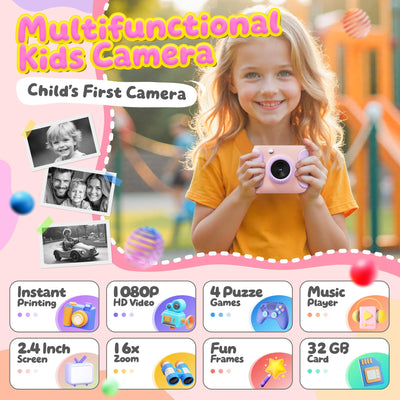 CalineGam Kinderkamera Sofortbildkamera, 1080P HD Sofortbildkamera Kinder mit 32GB Karte, 2,4 Zoll Digitalkamera Kinder, Kinderspielzeug Geschenke für Jungen und Mädchen 3-12 Jahre (Rosa)