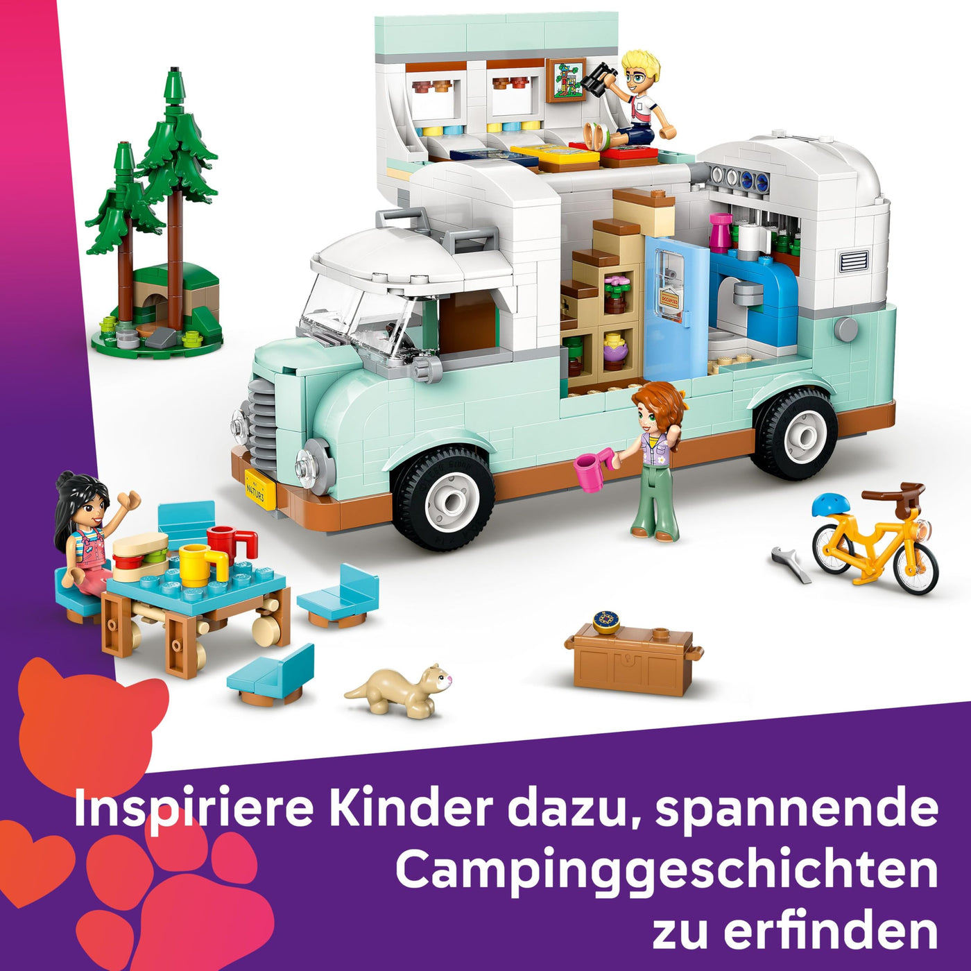 LEGO Friends Wohnmobil, Bauset für Rollenspiele mit einem Spielzeug Wohnwagen, Geschenk für Mädchen ab 7 Jahren, kreatives Spielset mit 3 Minifiguren und Frettchen Tierfigur 42663