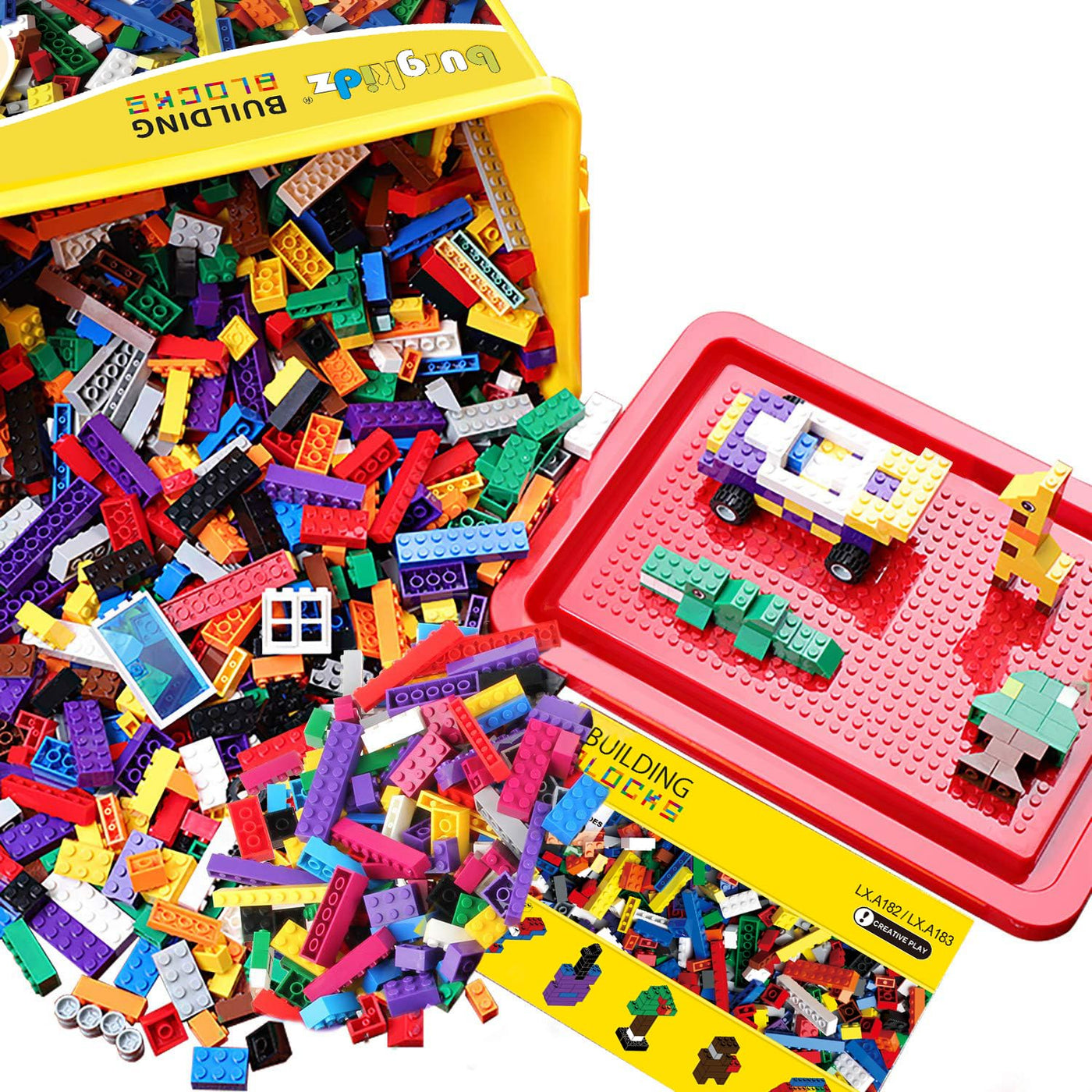 burgkidz Bausteine 520-teiliges Set, 500 Grundbausteine in 10 Farben Inklusive Räder, Fenster und Türen, Schüttgutblock mit wiederverwendbarer Aufbewahrungsbox für Kinder 4-8 Jahre Jungen Mädchen