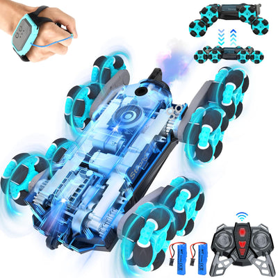 Nauotk Ferngesteuertes Auto, 2,4 GHz Ferngesteuerter RC Auto ab 6 7 8 9 10 11 12 Jahre, 8WD Stunt Drift Car mit Gestensensor, Coole Lichter und Sprühnebel, 2 Akku Spielzeug, Kinder Roboter-Blau