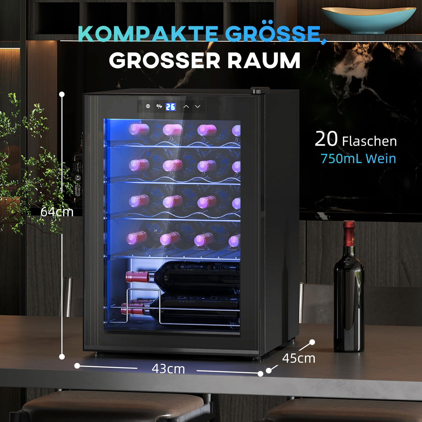 HOMCOM Weinkühlschrank 20 Flaschen 53L 5-18℃ Kompressor Getränkekühlschrank mit Anti-UV Glastür, Flaschenkühlschrank mit LED-Leuchte, Kleiner Weinschrank mit Touch-Screen Schwarz