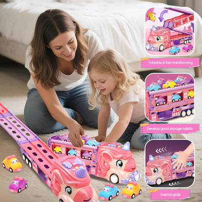 RoserRose Autotransporter Spielzeug ab 2 3 4 5 Jahre Mädchen, Einhorn Transport Truck Autotransporter mit Licht Musik und Rennbahn, LKW mit Autos Spielzeug Kinderspielzeug ab 2 Jahre Mädchen Geschenk