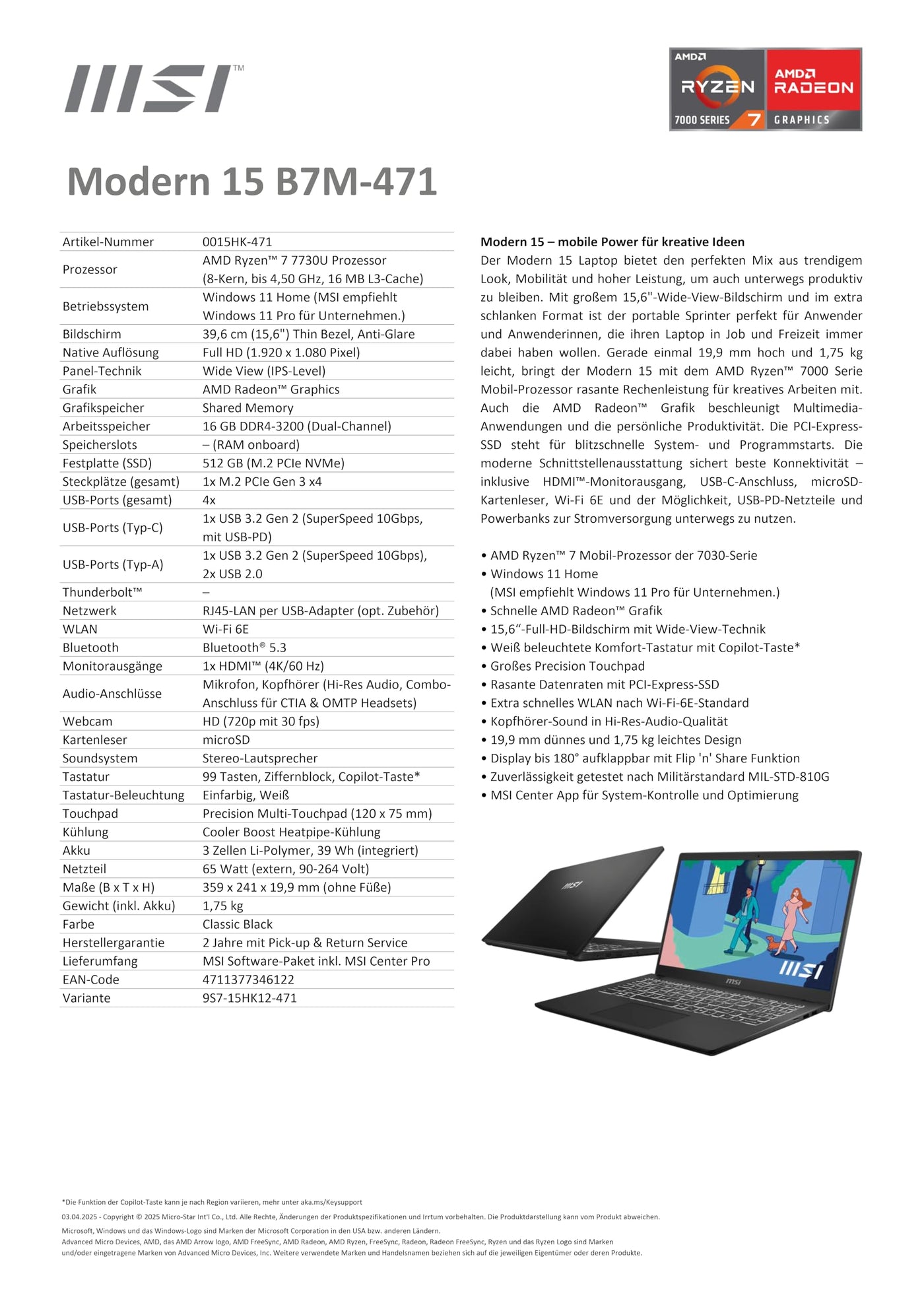 MSI Modern 15 Lifestyle & Business Laptop, 15,6 Zoll Full HD Display, AMD Ryzen 7 7730U Prozessor, 16 GB DDR4 RAM, 512GB SSD, AMD Radeon Graphics, Windows 11 Home, Schwarz, B7M-471