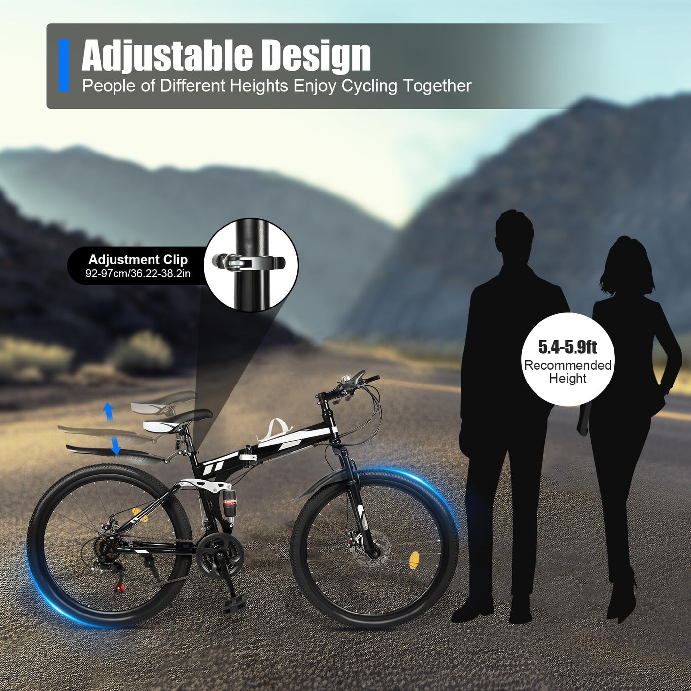 KLOOLIVE Mountainbike Faltrad 21 Gang 26 Zoll Klapprad Erwachsene Fahrrad Verstellbares MTB mit Scheibenbremse Warnlicht Schwarz