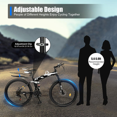 KLOOLIVE Mountainbike Faltrad 21 Gang 26 Zoll Klapprad Erwachsene Fahrrad Verstellbares MTB mit Scheibenbremse Warnlicht Schwarz