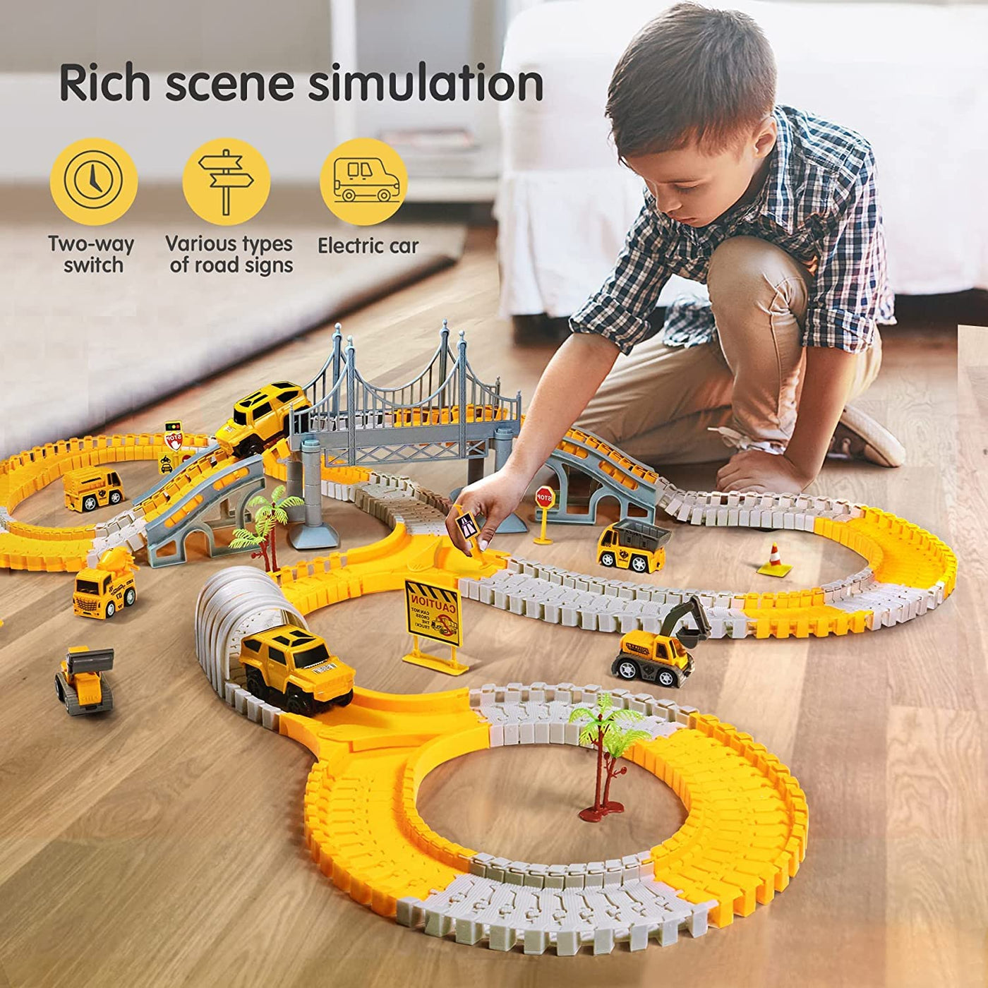 Autorennbahn für Kinder Mit 2 Elektroauto,Autorennbahn Rennbahn 6 Cars Bagger Spielzeug, Flexible Car Track Spielzeugautos Set Für 3 4 5 6 7 Jahre altes Kind Kinder Jungen Mädchen