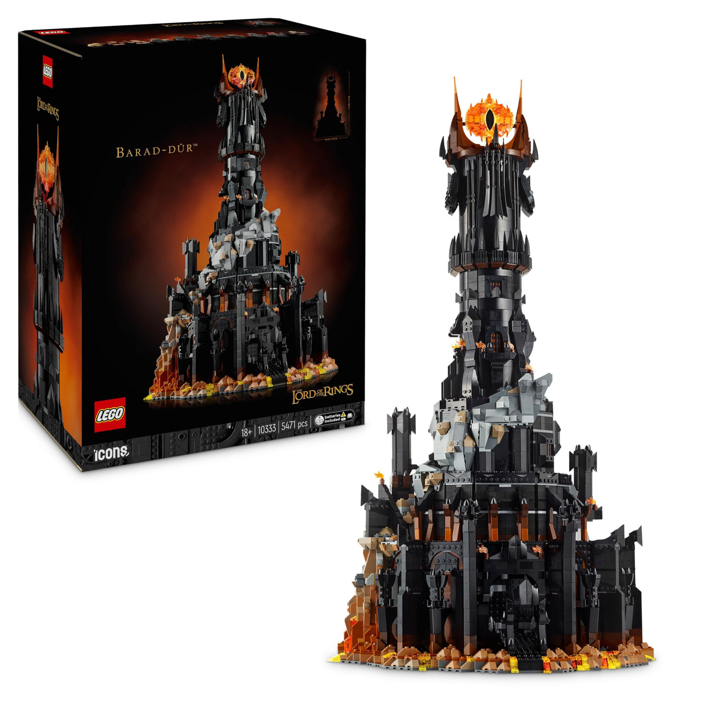 LEGO Icons Der Herr der Ringe: Barad-dûr, Bauset für Erwachsene mit den Minifiguren Sauron, Gothmog, Ork, Frodo, Sam und Gollum, Erinnerungsstück zum Film, Sammlerstück für Fans 10333