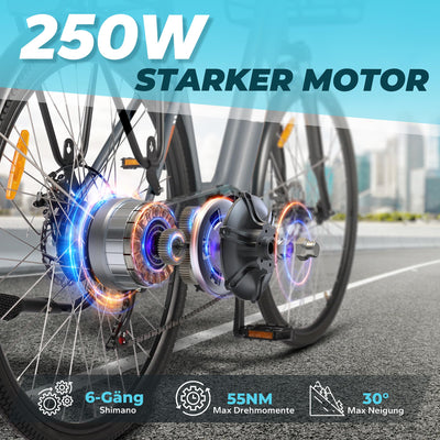 AOIHO E Bike, 28'' EBike Herren E-Bike Damen mit 𝐃𝐫𝐞𝐡𝐦𝐨𝐦𝐞𝐧𝐭𝐬𝐞𝐧𝐬𝐨𝐫, 250W Motor Elektrofahrräder Trekkingrad E Fahrrad mit 6-Gang, 3 Modi, Pedelec Citybike Elektrofahrrad für Erwachsene