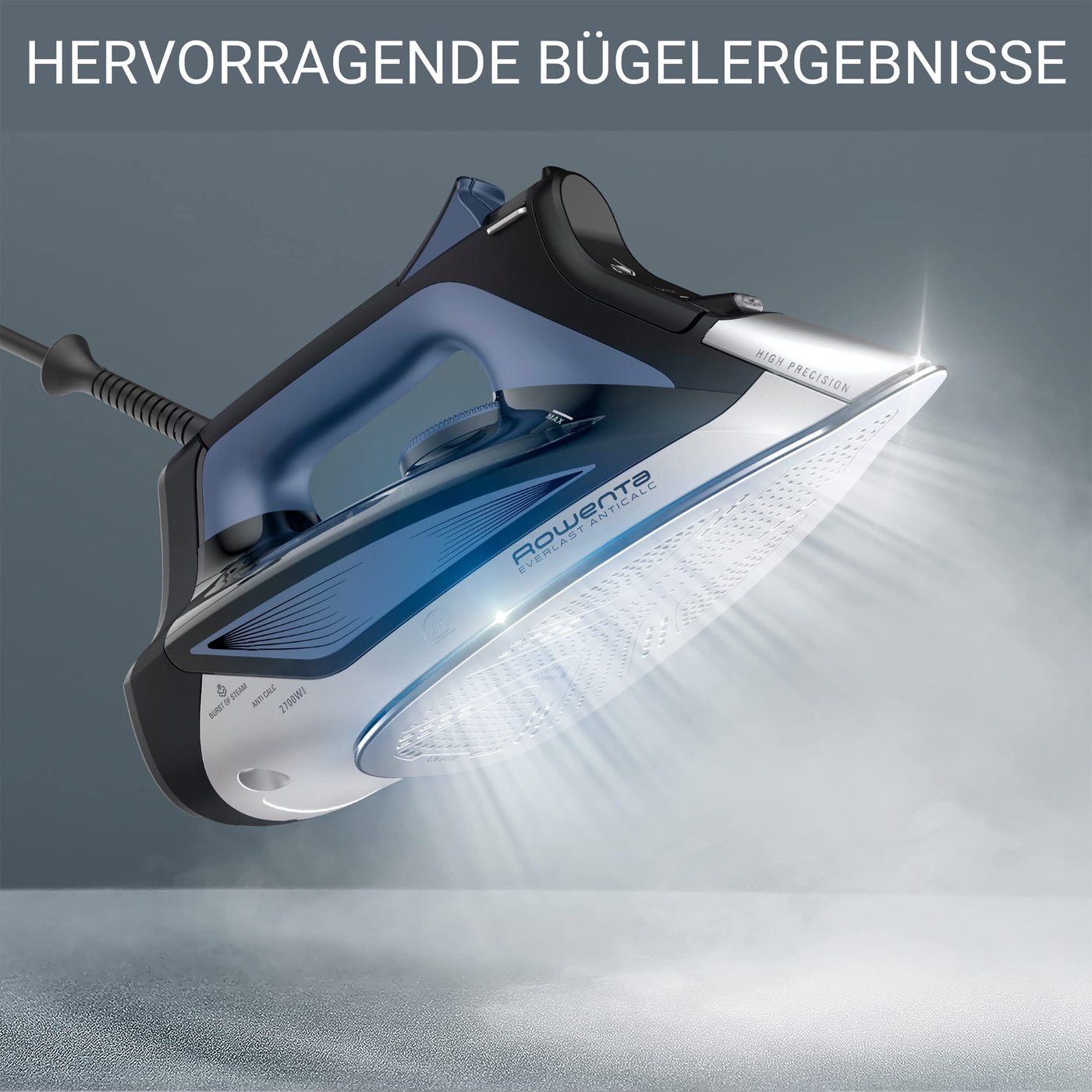 Rowenta Everlast Anticalc Dampfbügeleisen, 2700 W, 45 g/Min. kontinuierliche Dampfabgabe, 220 g/Min. Dampfstoß, Tropfstopp, Antikalk-System, 300 ml Wassertank, schwarz/blau, DW7320