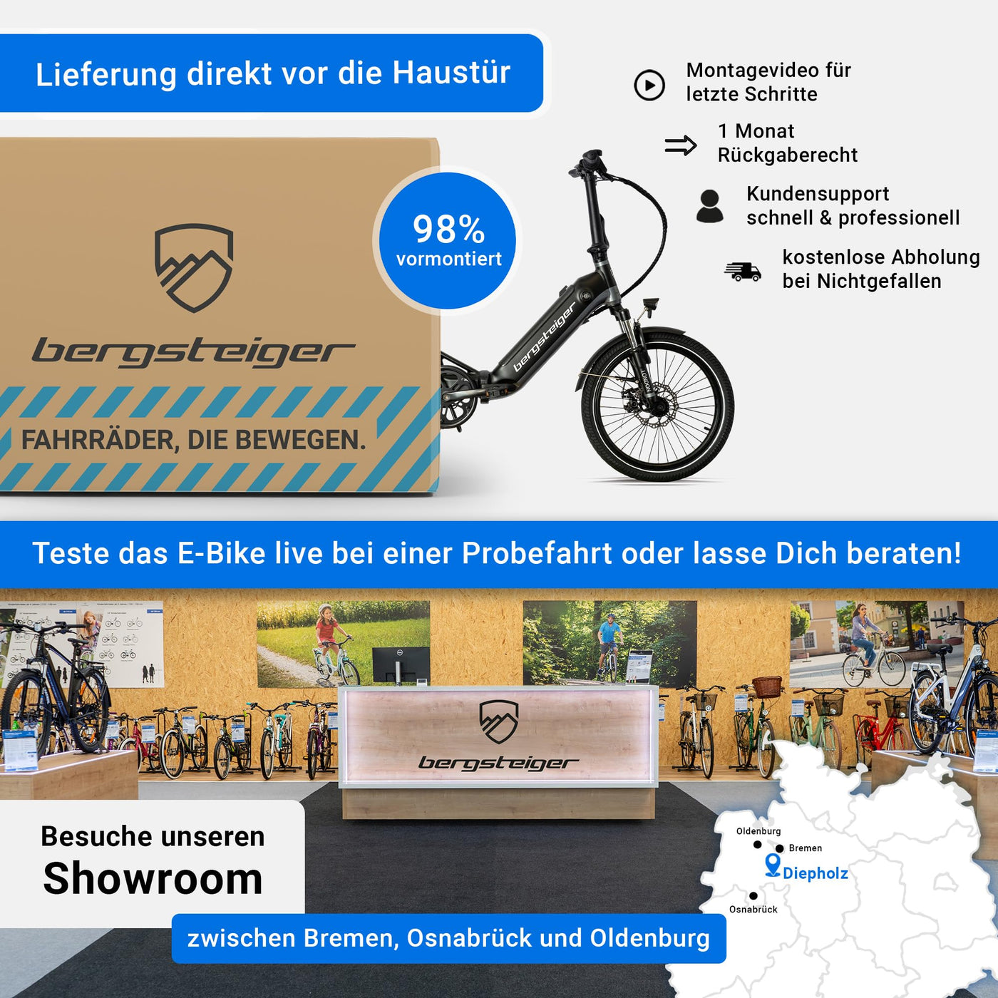 Bergsteiger London 20 Zoll E-Bike Klapprad mit 250 Watt Motor, Scheibenbremsen, Aluminium Ebike für Damen & Herren, Farbdisplay, Elektrofahrrad mit 7 Gang-Schaltung
