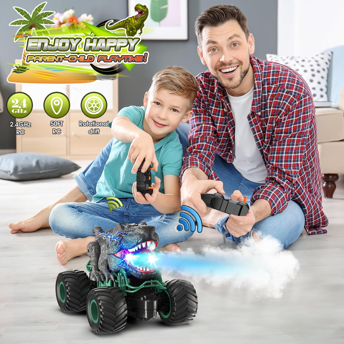 HappyGoLucky Monstertruck Ferngesteuertes Auto ab 3 4 5 6 7 8 Jahre, Dinosaurier Spielzeug ab 3-10 Jahre Junge, RC Auto mit Sprühnebel, Musik, LED-Leuchten, Ostergeschenke Kinder Outdoor Spielzeug