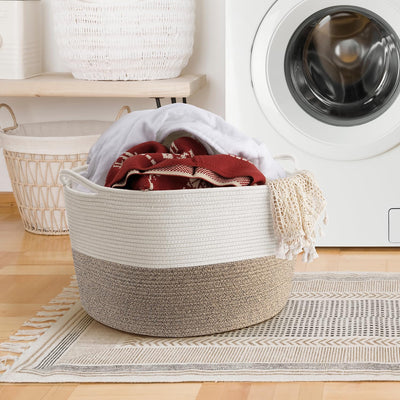 Maliton Aufbewahrungskorb für Wohnzimmer, Wäschekorb Geflochten aus Baumwollseil,Spielzeug Korb mit Griffen,Korb für Kuscheltiere,Wäsche,Decken,Kissen,Kleidung,50x33 cm,Weiß Braun