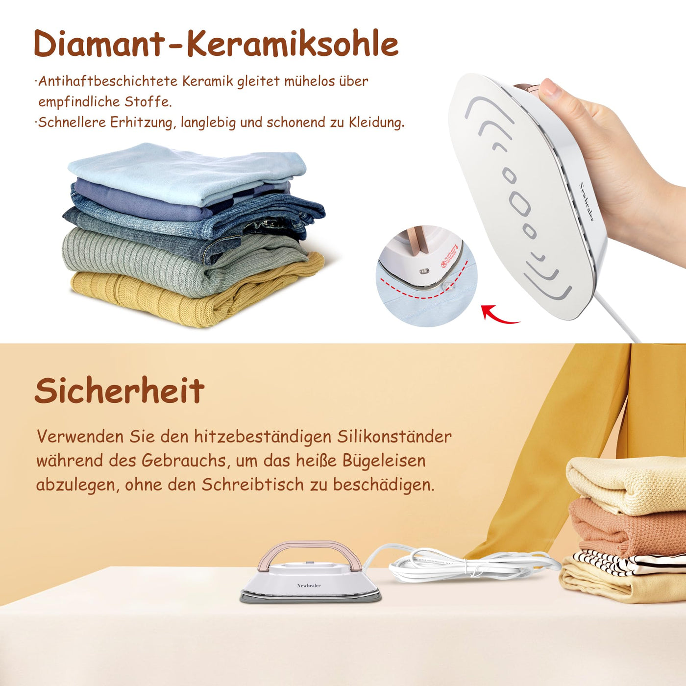 Newbealer Mini Reisebügeleisen mit umschaltbarer Spannung-220V/120V, Kompaktes Bügeleisen für Kleidung (kein Dampf), Keramikfläche, 150 °C Heißpress mit Sprühflasche, Beutel und Silikonständer